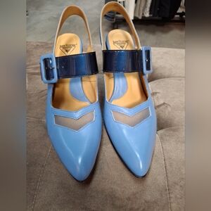 John Fleuvog blue Bolt Geometric slingback heels size 9.5